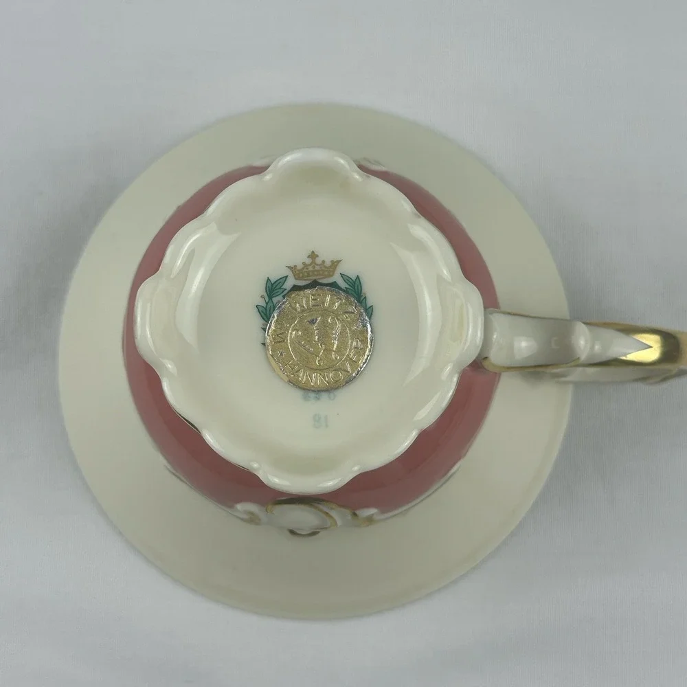 Weimar Porzellan ILSE Tea Trio Coral Pink Gold Gilt Rose Footed Cup Saucer Plate